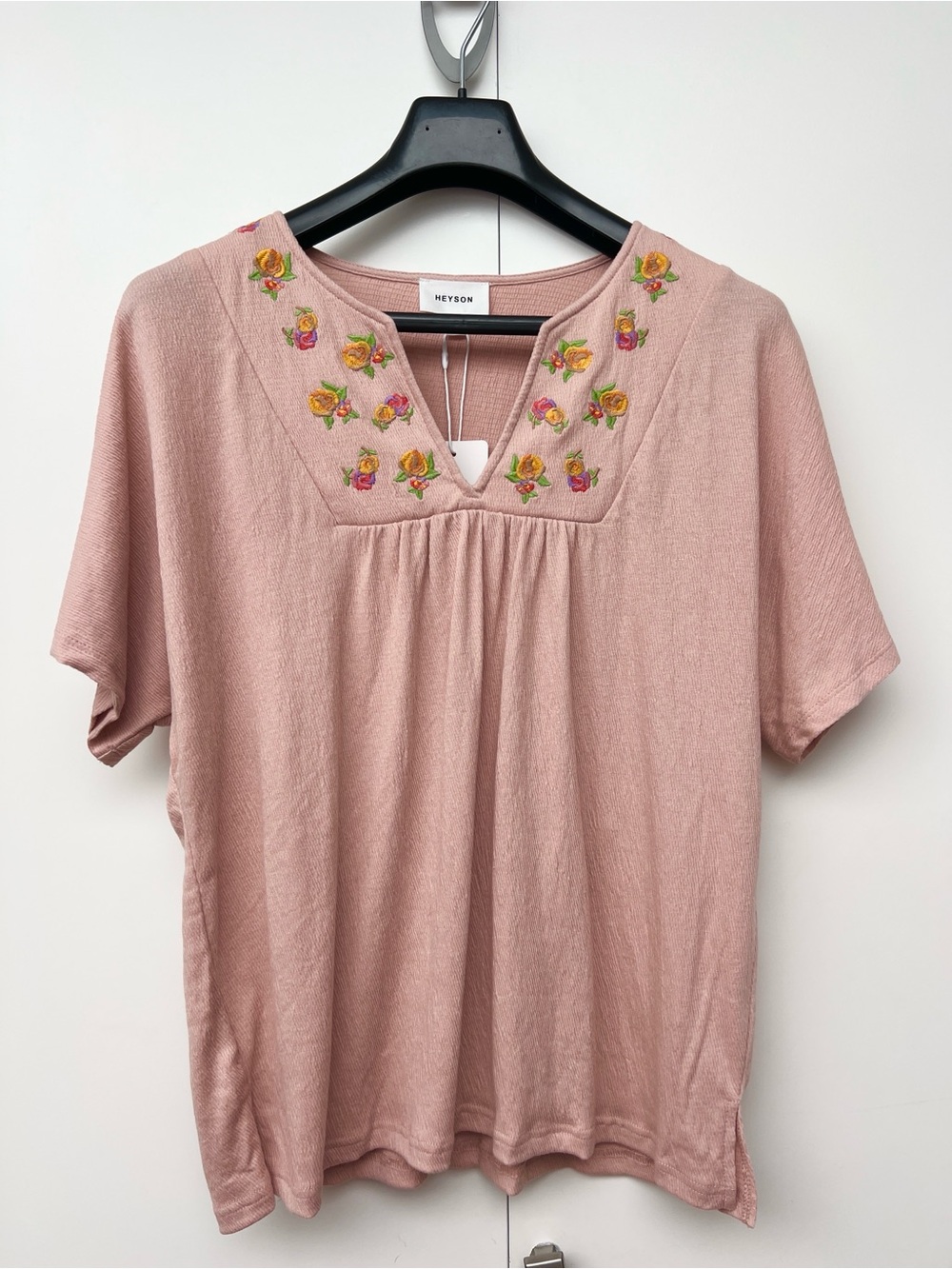 HEYSON | Pink Floral Embroidered V-Neck Short Sleeve Cottagecore Cotton Blouse - Picture 2 of 7